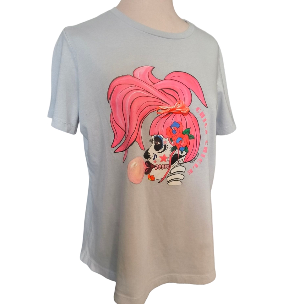 Bella Canvas Sugar Skull Bubblegum Girl Day of the Dead Gray Graphic Tee Large